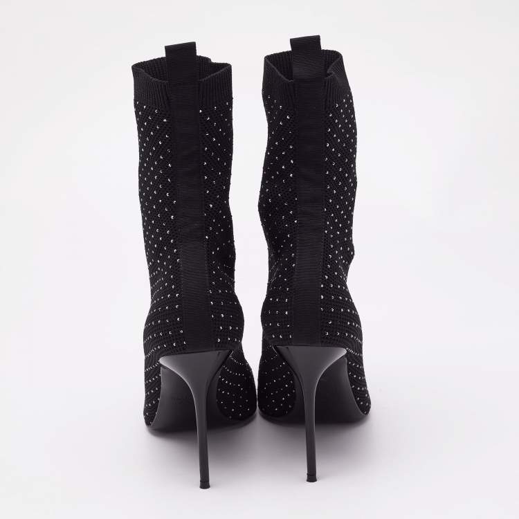 Pre Owned Balmain Black Knit Fabric Crystal Embellished Skye Ankle Length Boots Size 40