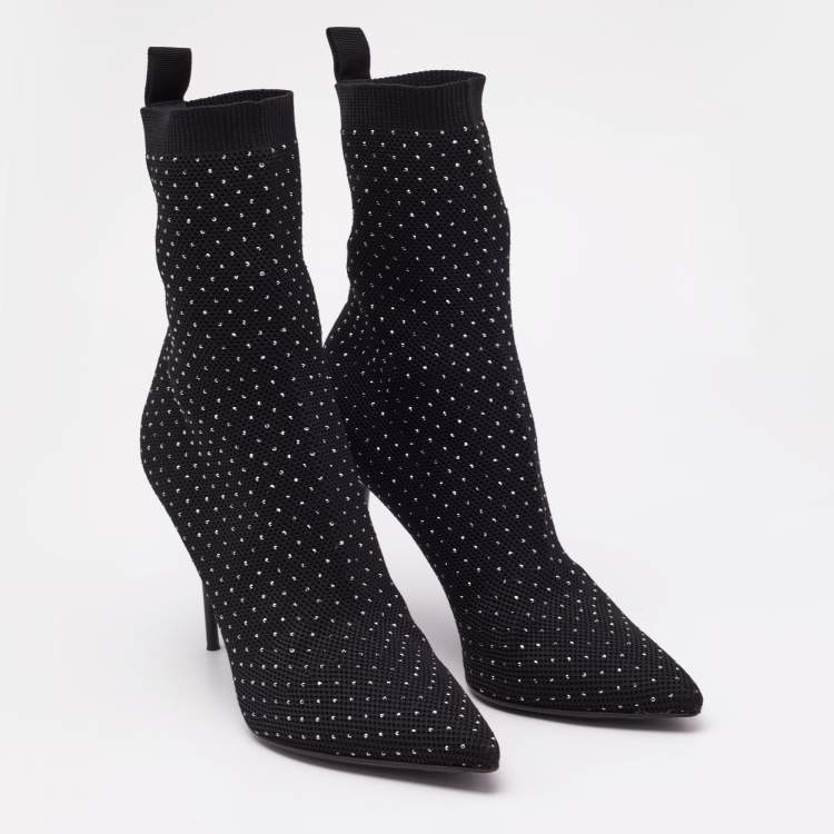 Pre Owned Balmain Black Knit Fabric Crystal Embellished Skye Ankle Length Boots Size 40