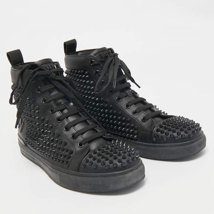 Pre Owned Balmain Black Leather Studded High Top Sneakers Size 40