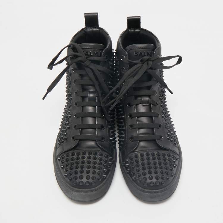 Pre Owned Balmain Black Leather Studded High Top Sneakers Size 40