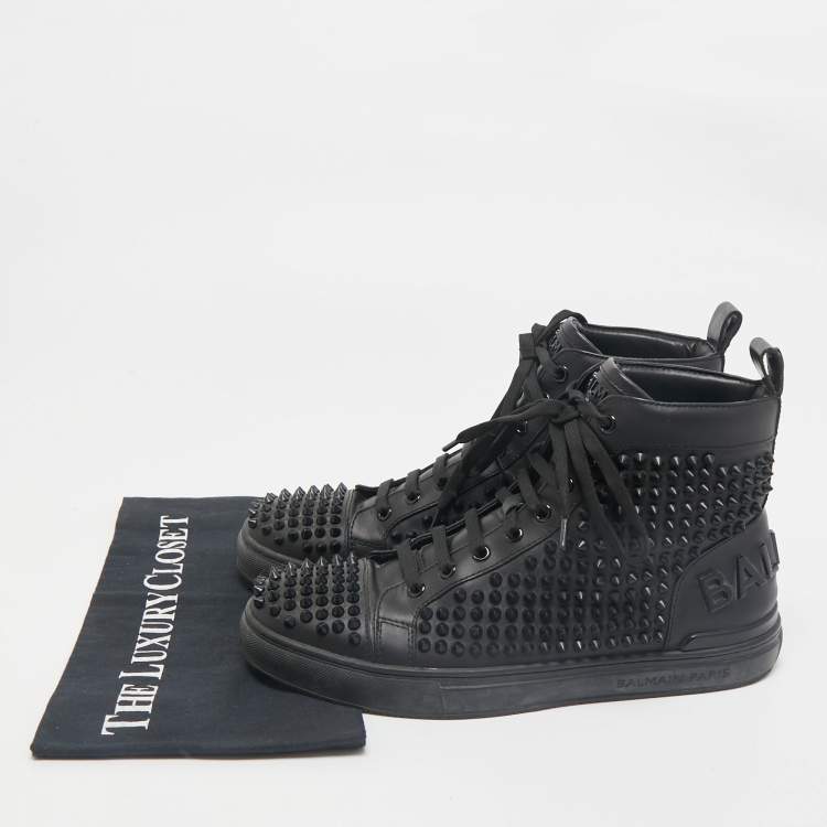 Pre Owned Balmain Black Leather Studded High Top Sneakers Size 40