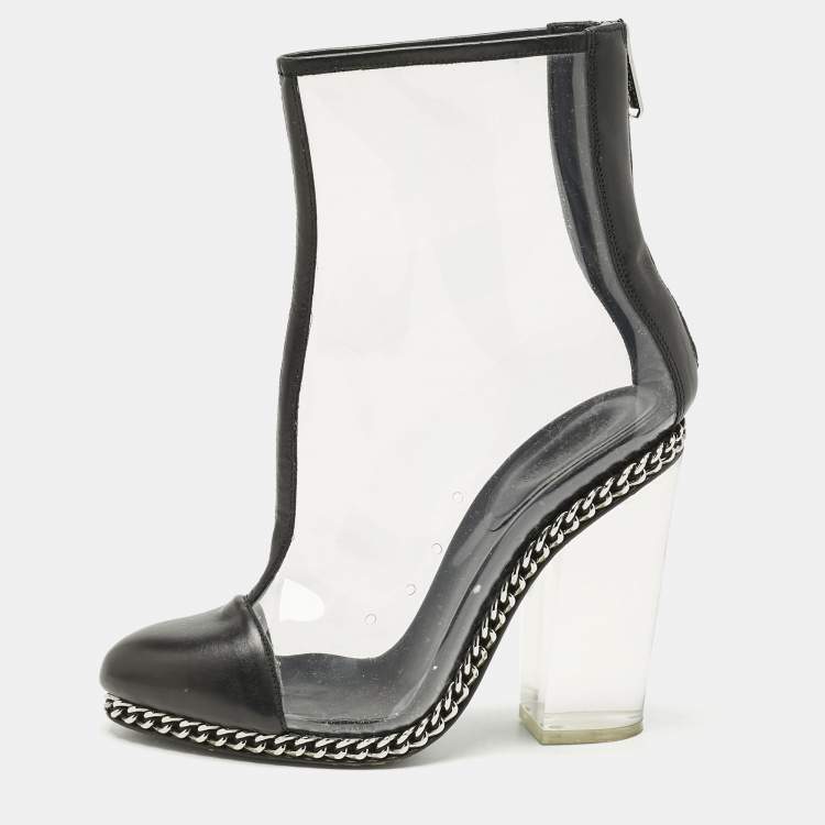 Pre Owned Balmain Black/Transparent Leather And PVC Cap Toe Ankle Length Boots Size 39