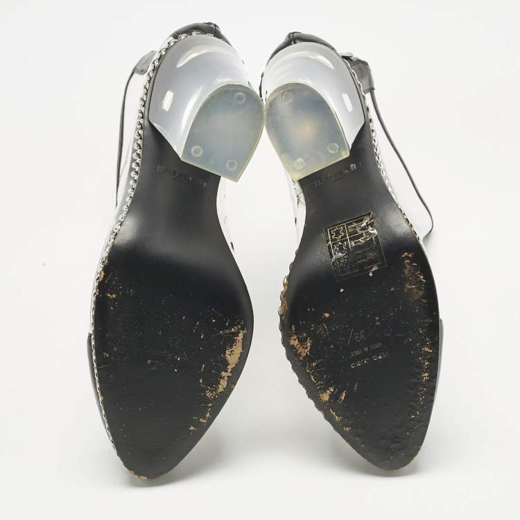 Pre Owned Balmain Black/Transparent Leather And PVC Cap Toe Ankle Length Boots Size 39