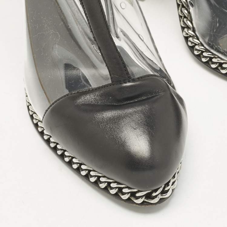 Pre Owned Balmain Black/Transparent Leather And PVC Cap Toe Ankle Length Boots Size 39