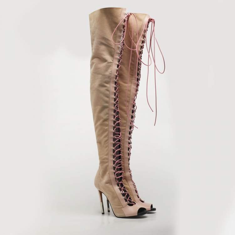 Pre Owned Balmain Beige/Pink Leather and Suede  Over The Knee Boots Size 39.5