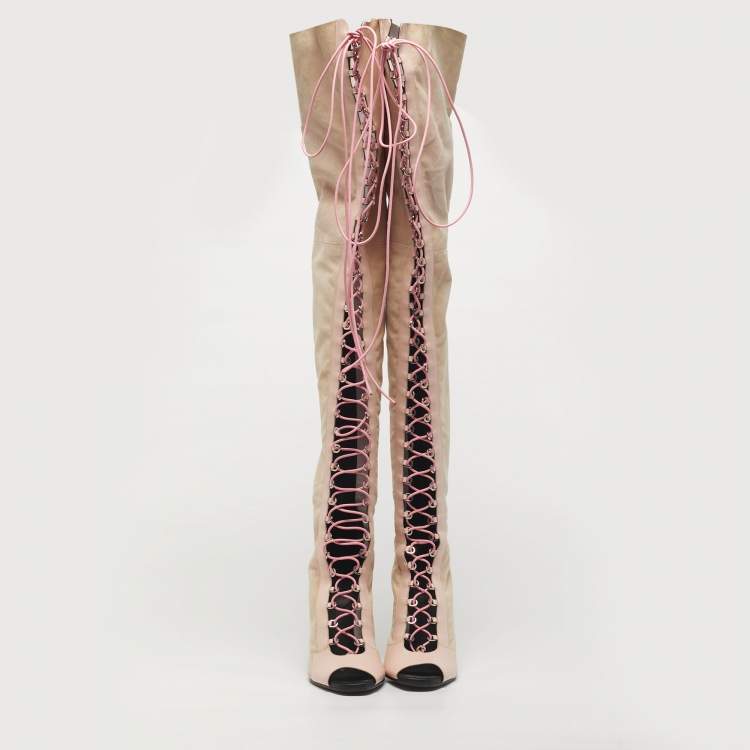 Pre Owned Balmain Beige/Pink Leather and Suede  Over The Knee Boots Size 39.5
