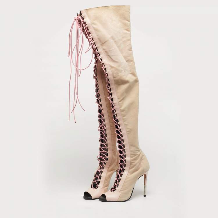 Pre Owned Balmain Beige/Pink Leather and Suede  Over The Knee Boots Size 39.5