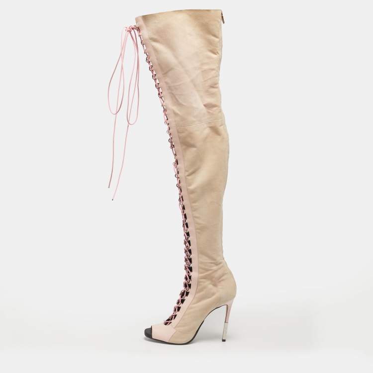 Pre Owned Balmain Beige/Pink Leather and Suede  Over The Knee Boots Size 39.5