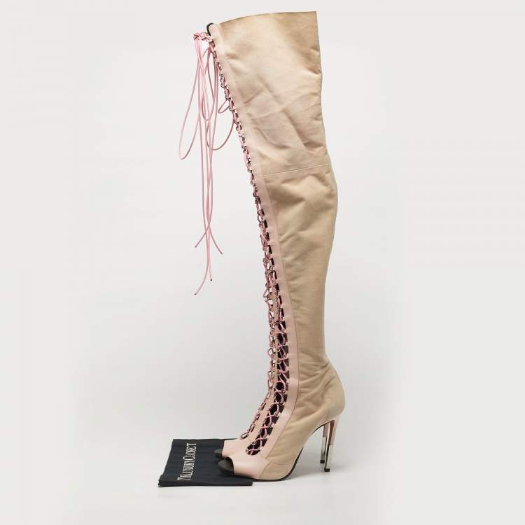 Pre Owned Balmain Beige/Pink Leather and Suede  Over The Knee Boots Size 39.5