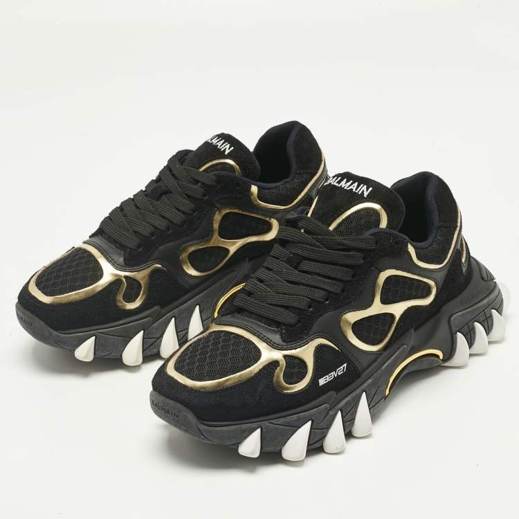 Pre Owned Balmain Black/Gold Leather and Suede B-East Lace Up Sneakers Size 37