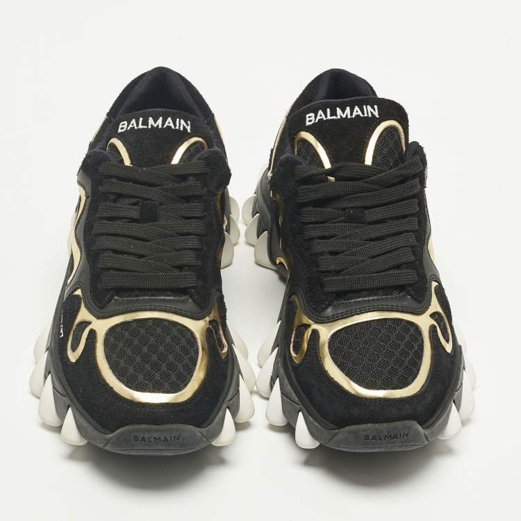 Pre Owned Balmain Black/Gold Leather and Suede B-East Lace Up Sneakers Size 37