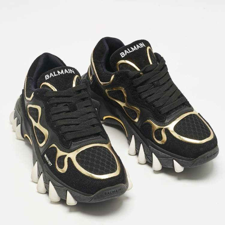 Pre Owned Balmain Black/Gold Leather and Suede B-East Lace Up Sneakers Size 37