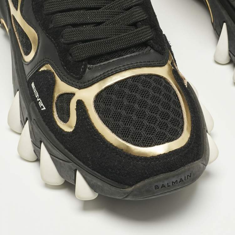 Pre Owned Balmain Black/Gold Leather and Suede B-East Lace Up Sneakers Size 37
