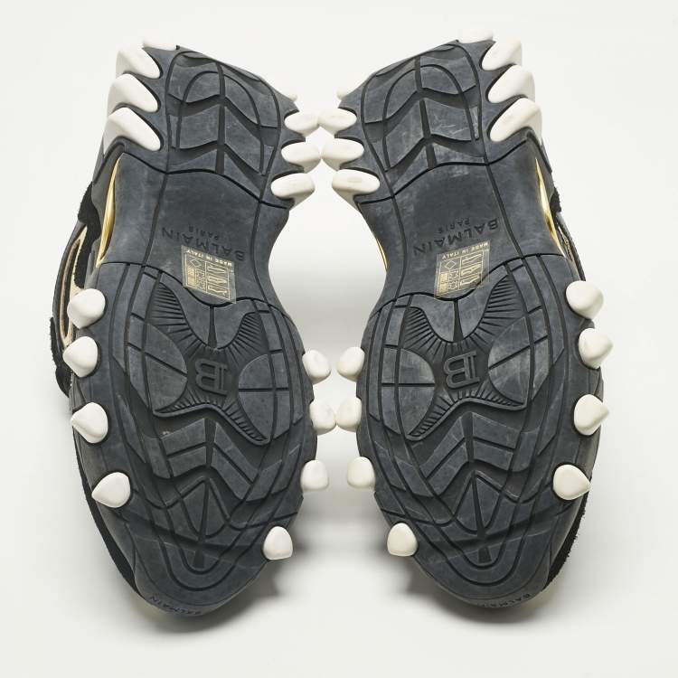 Pre Owned Balmain Black/Gold Leather and Suede B-East Lace Up Sneakers Size 37
