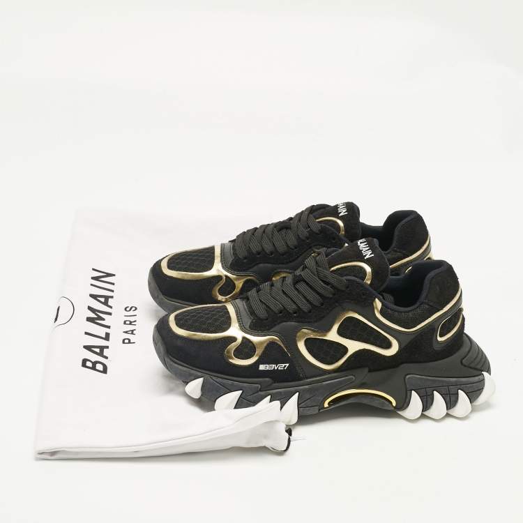 Pre Owned Balmain Black/Gold Leather and Suede B-East Lace Up Sneakers Size 37