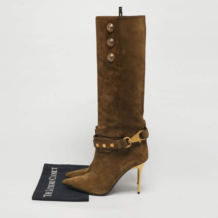 Pre Owned Balmain Green Suede Robin Embellish Knee Length Boots Size 39