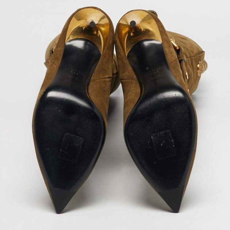 Pre Owned Balmain Green Suede Robin Embellish Knee Length Boots Size 39