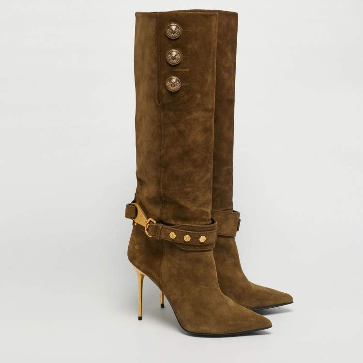 Pre Owned Balmain Green Suede Robin Embellish Knee Length Boots Size 39