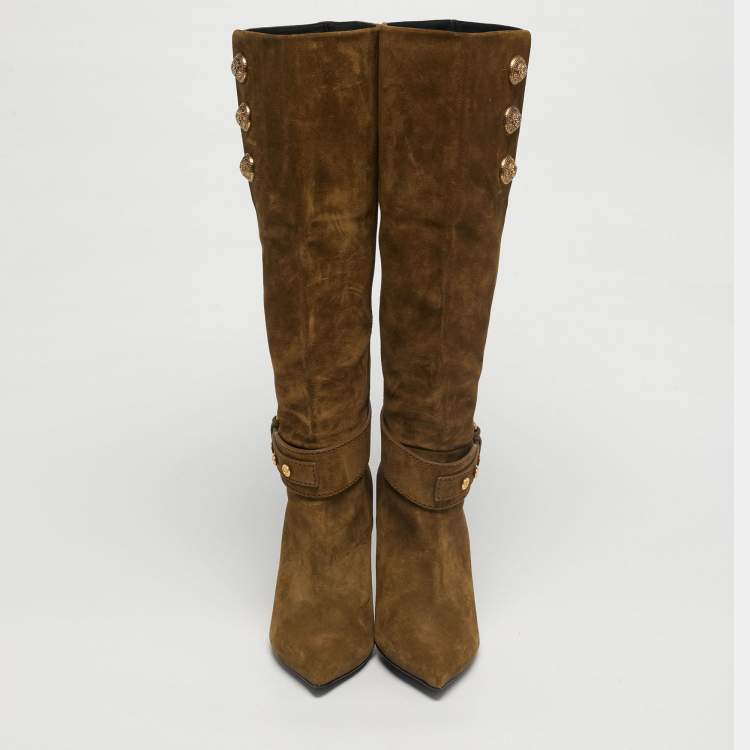 Pre Owned Balmain Green Suede Robin Embellish Knee Length Boots Size 39