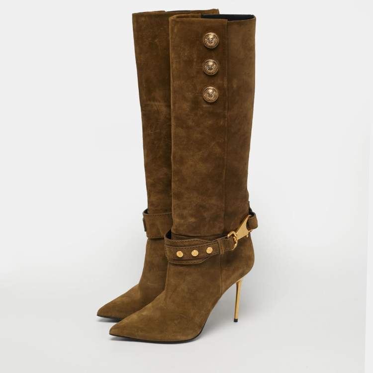 Pre Owned Balmain Green Suede Robin Embellish Knee Length Boots Size 39