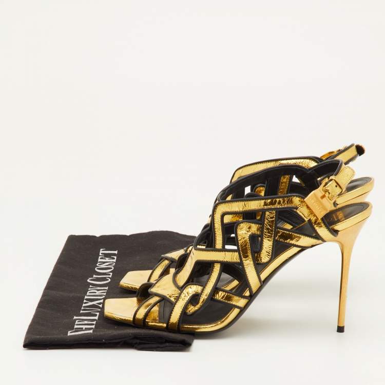 Pre Owned Balmain Urania Size 40 Gold/Black Crinkle Leather Caged Ankle Strap Sandals