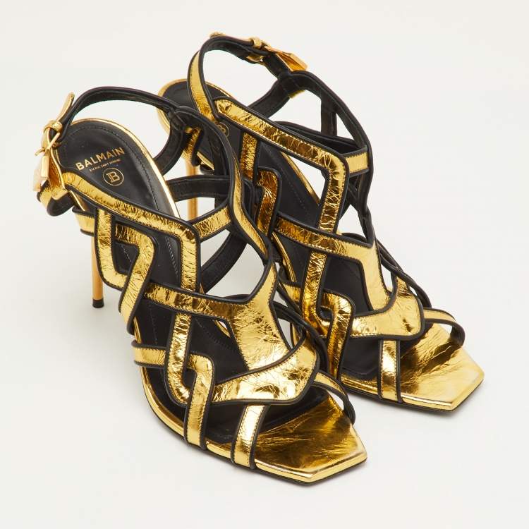 Pre Owned Balmain Urania Size 40 Gold/Black Crinkle Leather Caged Ankle Strap Sandals