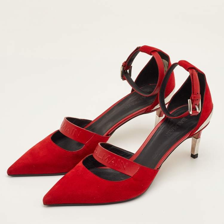 مملوكة مسبقًا Balmain Size 38 Red Suede and Leather Logo Embossed Ankle Strap Pumps