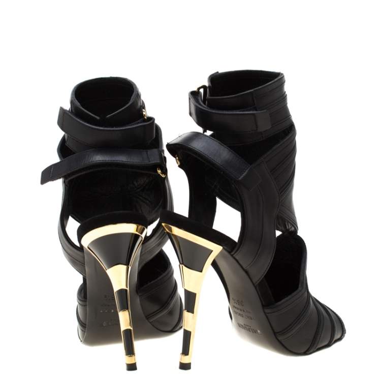Pre Owned Balmain Black Leather Kali Cut Out Ankle Length Sandals Size 36.5