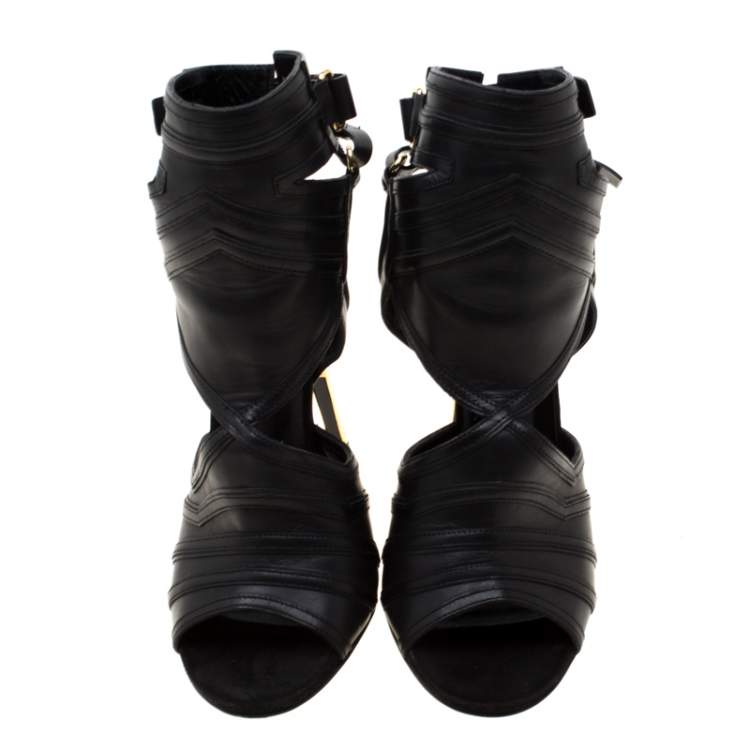 Pre Owned Balmain Black Leather Kali Cut Out Ankle Length Sandals Size 36.5
