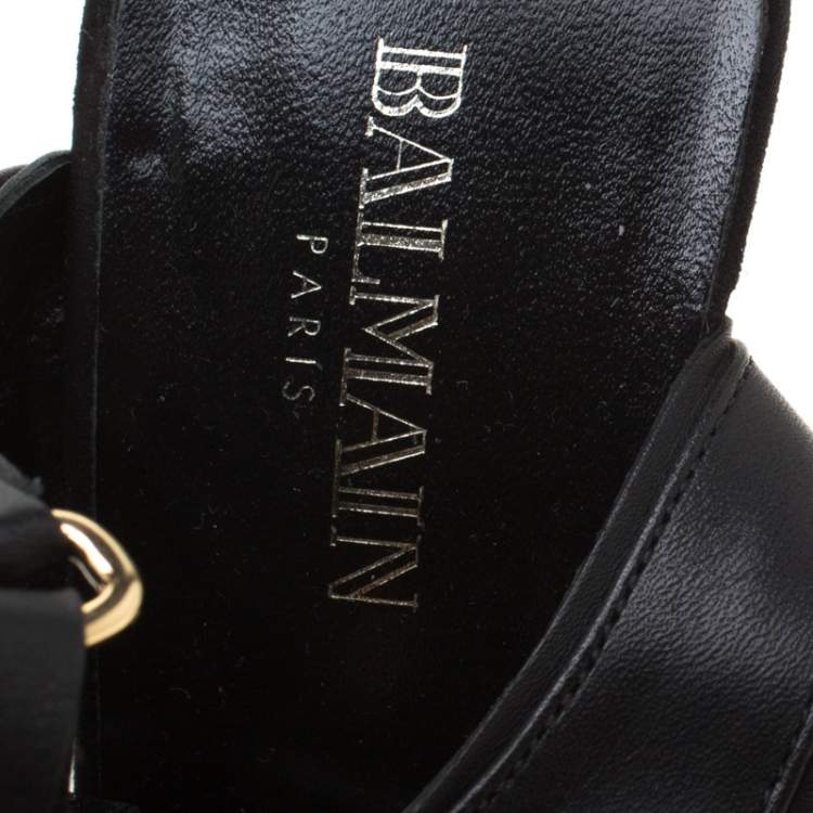 Pre Owned Balmain Black Leather Kali Cut Out Ankle Length Sandals Size 36.5