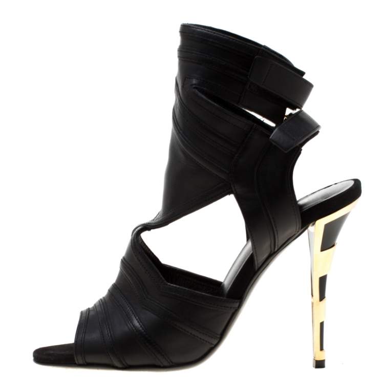 Pre Owned Balmain Black Leather Kali Cut Out Ankle Length Sandals Size 36.5