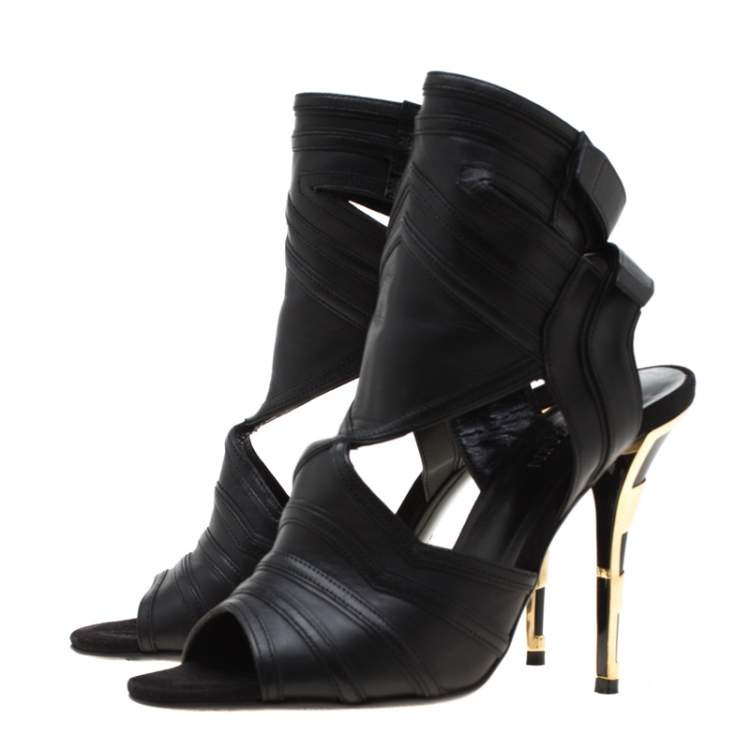 Pre Owned Balmain Black Leather Kali Cut Out Ankle Length Sandals Size 36.5