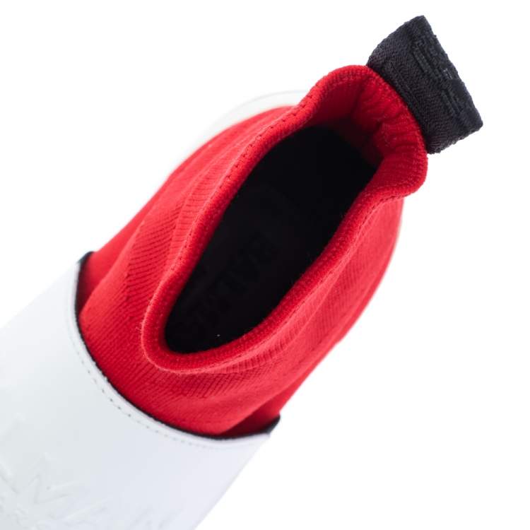 Pre Owned Balmain Red/White Stretch Knit and Leather Embossed Logo High Top Sneakers Size 36.5