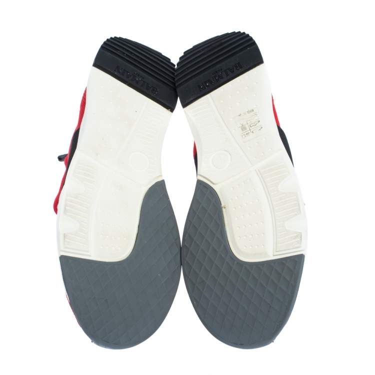 Pre Owned Balmain Red/White Stretch Knit and Leather Embossed Logo High Top Sneakers Size 36.5
