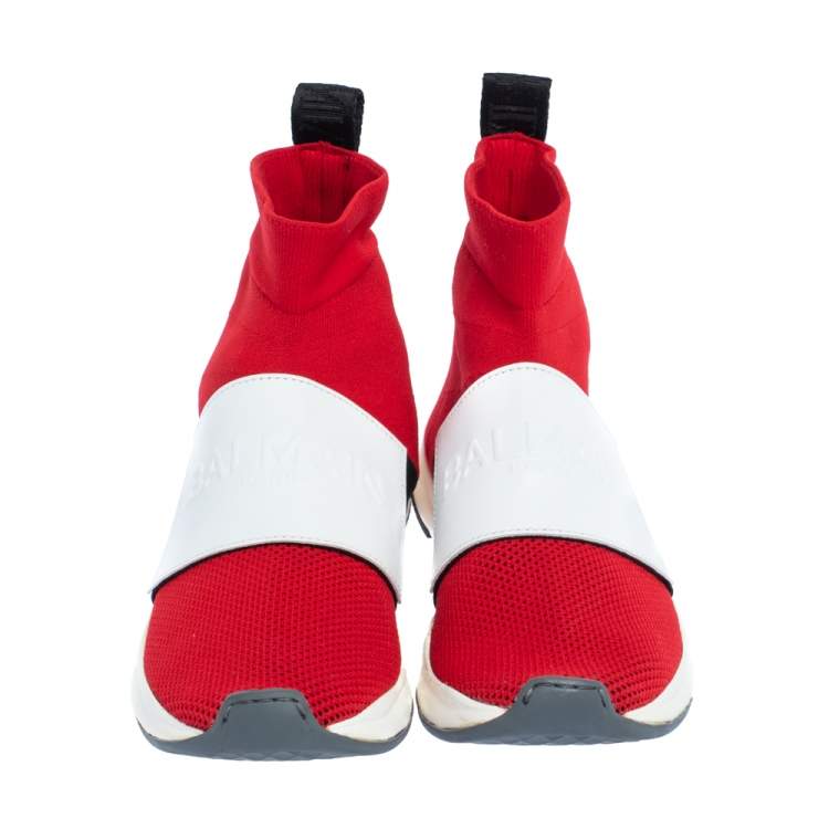 Pre Owned Balmain Red/White Stretch Knit and Leather Embossed Logo High Top Sneakers Size 36.5