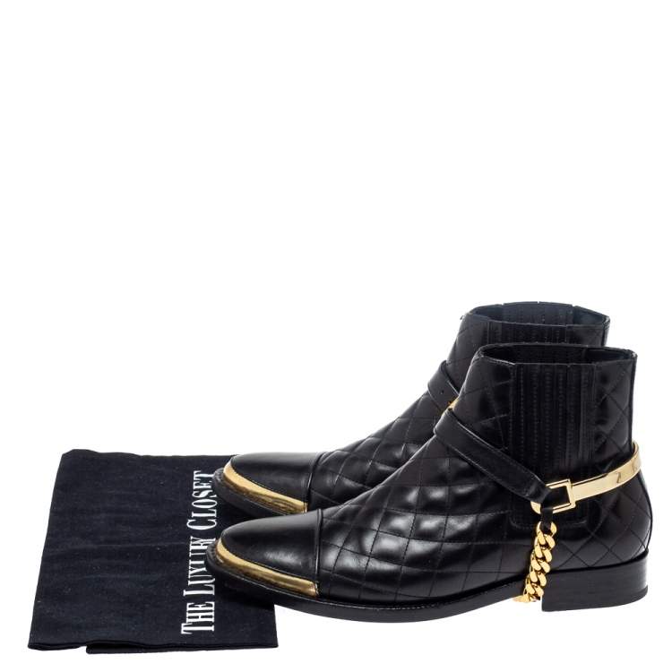 Pre Owned Balmain Black Quilted Leather Chain Details Boots Size 37.5