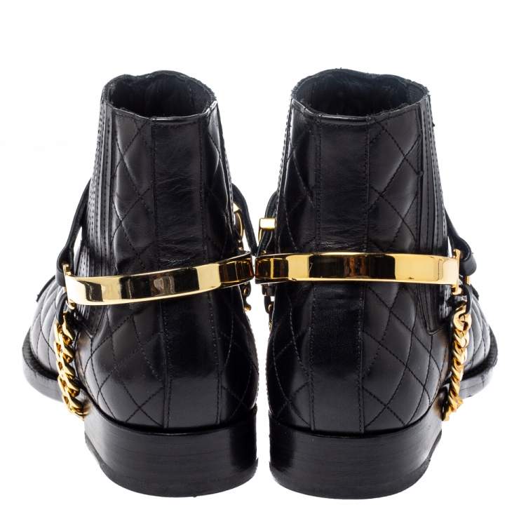Pre Owned Balmain Black Quilted Leather Chain Details Boots Size 37.5