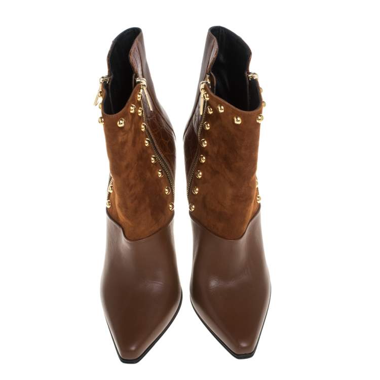 Pre Owned Balmain Brown Croc Embossed, Leather and  Suede  Boots Size 39