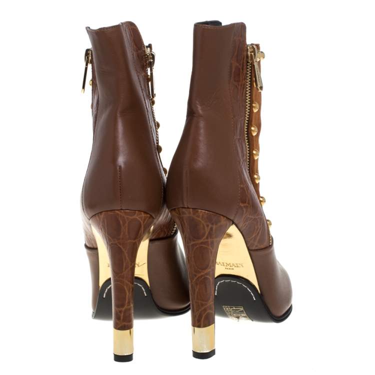 Pre Owned Balmain Brown Croc Embossed, Leather and  Suede  Boots Size 39