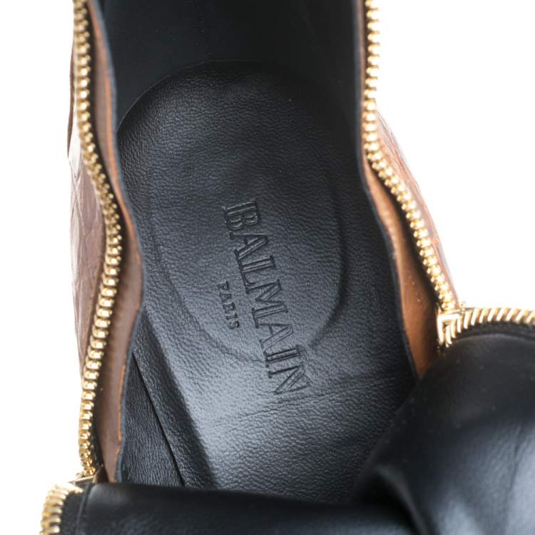 Pre Owned Balmain Brown Croc Embossed, Leather and  Suede  Boots Size 39