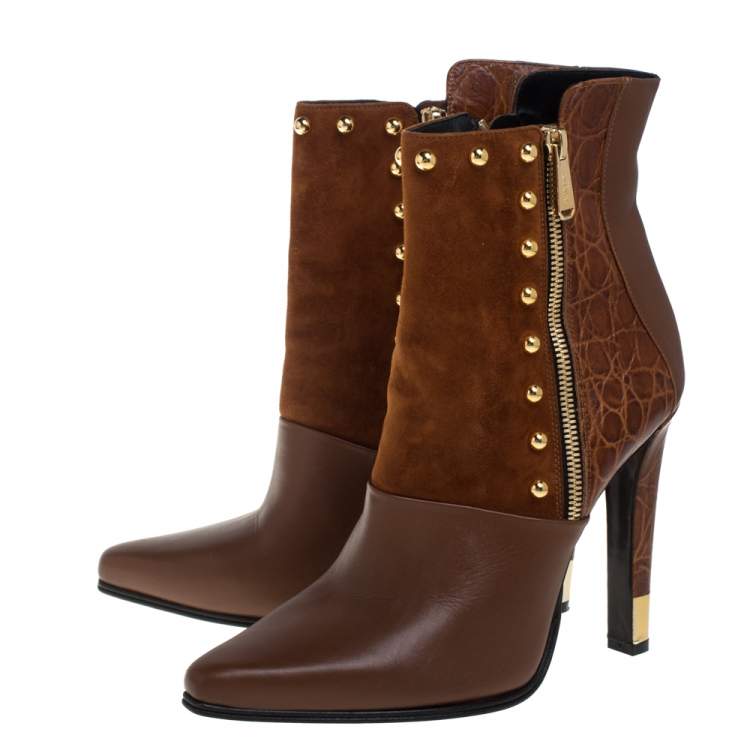 Pre Owned Balmain Brown Croc Embossed, Leather and  Suede  Boots Size 39
