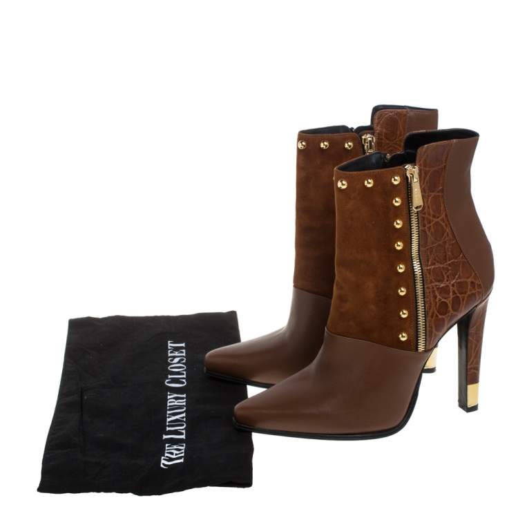 Pre Owned Balmain Brown Croc Embossed, Leather and  Suede  Boots Size 39