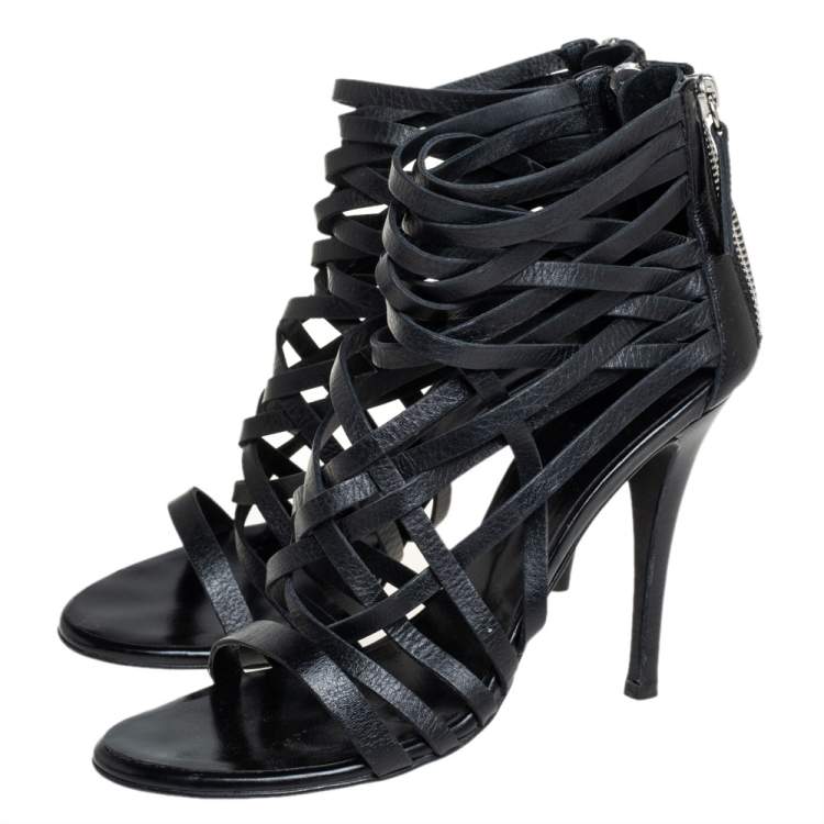 Pre Owned Balmain Black Leather Strappy Zipper Sandals Size 37.5