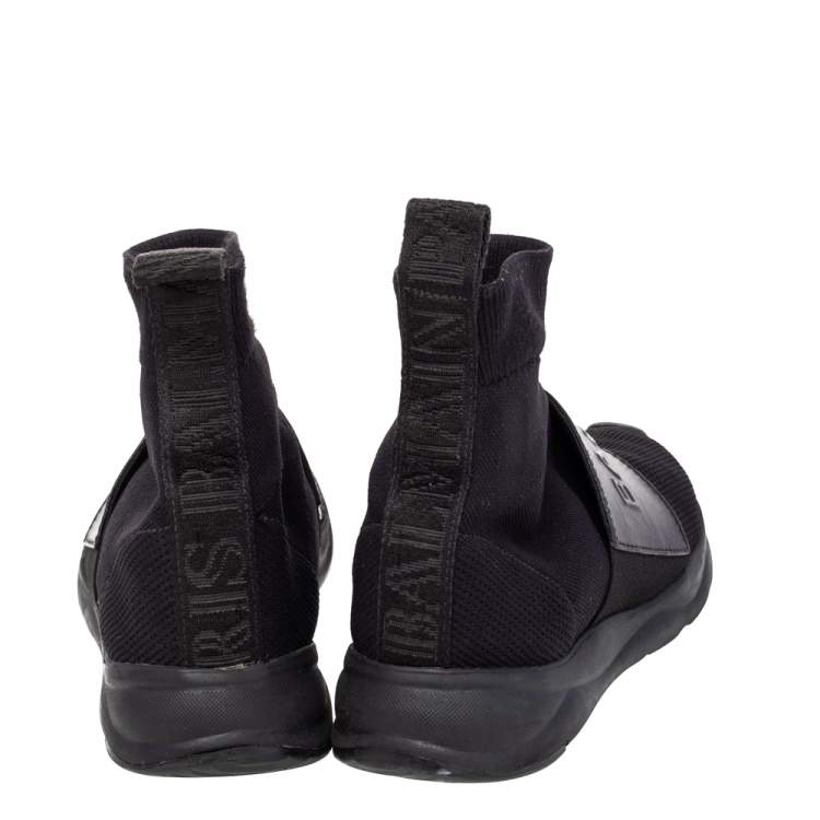 Pre Owned Balmain Black Leather And Knit Fabric Cameron High Top Sneakers Size 35