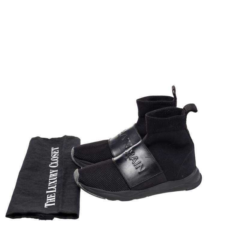 Pre Owned Balmain Black Leather And Knit Fabric Cameron High Top Sneakers Size 35