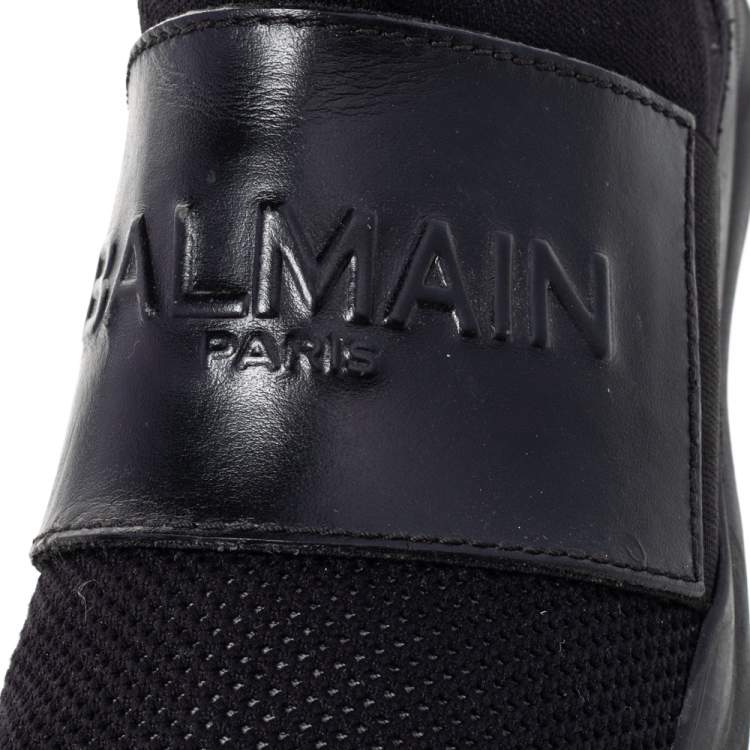 Pre Owned Balmain Black Leather And Knit Fabric Cameron High Top Sneakers Size 35
