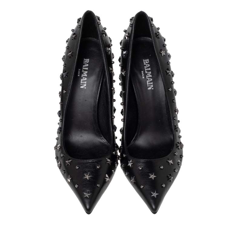 Pre Owned Balmain Black Leather Star Embellishment Pumps Size 37