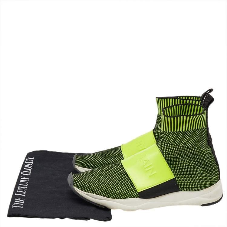 Pre Owned Balmain Black/Green Knit Fabric And Leather Cameron Running High Top Sneakers Size 40