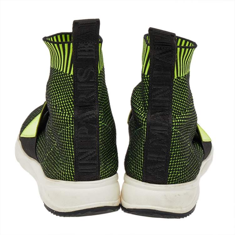 Pre Owned Balmain Black/Green Knit Fabric And Leather Cameron Running High Top Sneakers Size 40