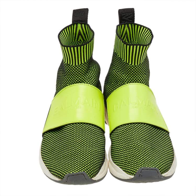 Pre Owned Balmain Black/Green Knit Fabric And Leather Cameron Running High Top Sneakers Size 40